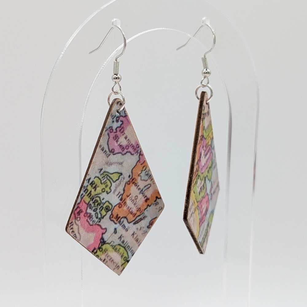 Handmade Map Print Earrings, Decoupaged on Wood - Picture 4 of 7